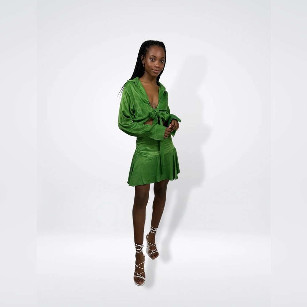 Green Satin Shirt & Skirt Set